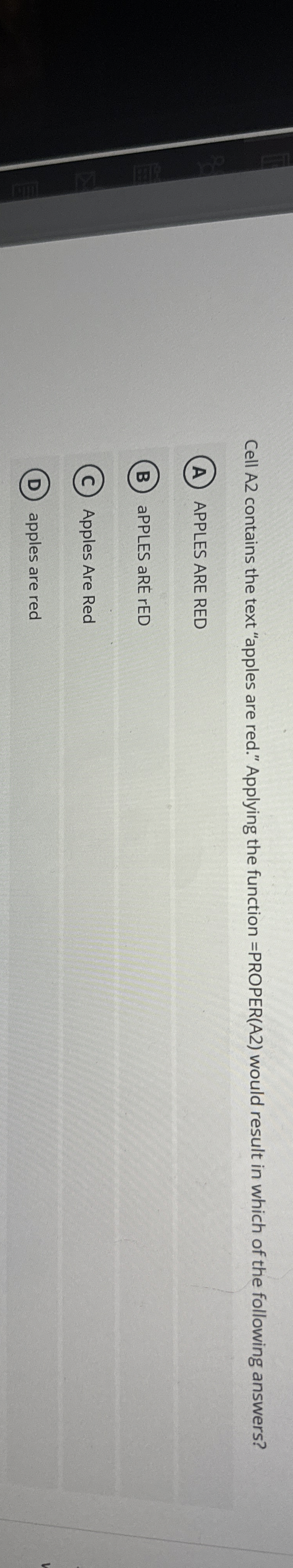 Cell A 2 contains the text "apples are red."