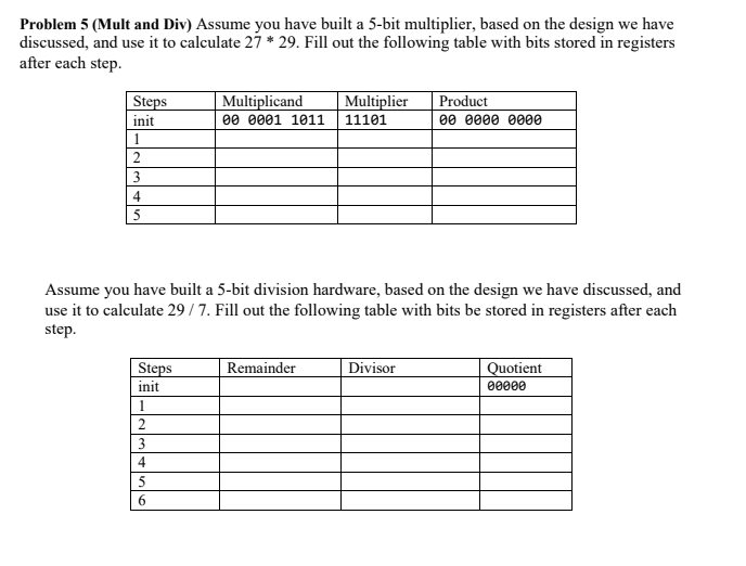 Problem 5 ( Mult and Div ) Assume you have built