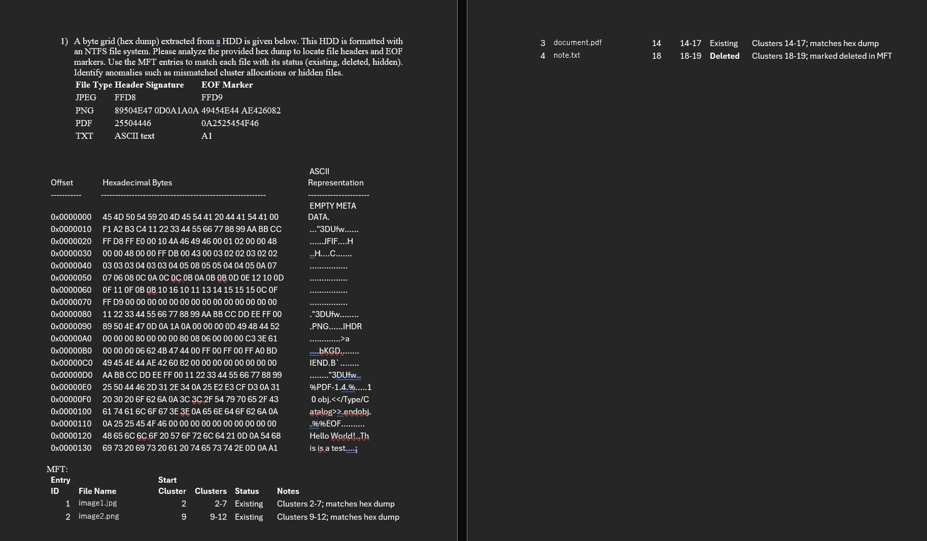 1 ) A byte grid ( hex dump ) extracted from a HDD