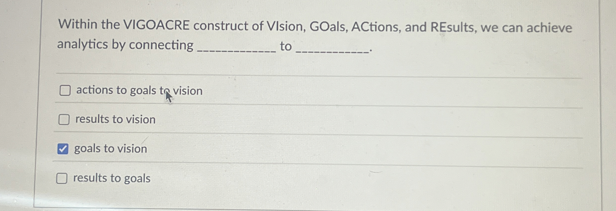 Within the VIGOACRE construct of VIsion, GOals,