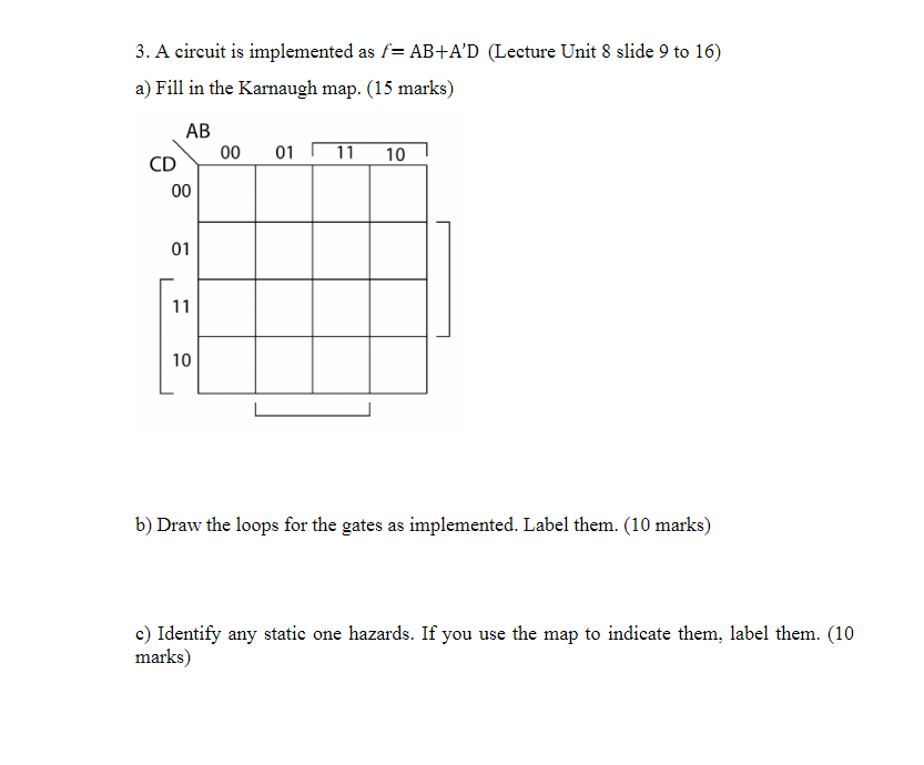 3 . A circuit is implemented as f = AB + A D a )