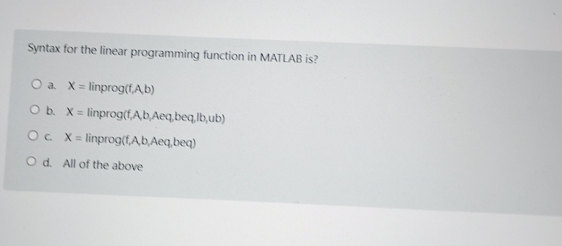 Syntax for the linear programming function in
