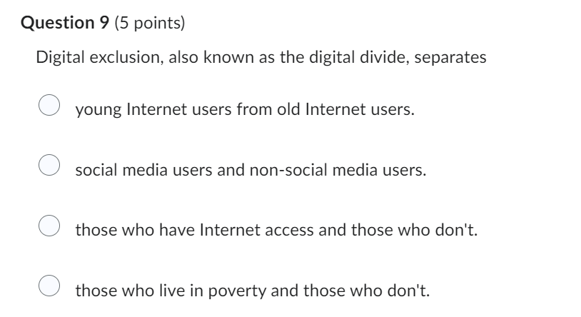 Question 9 ( 5 points ) Digital exclusion, also