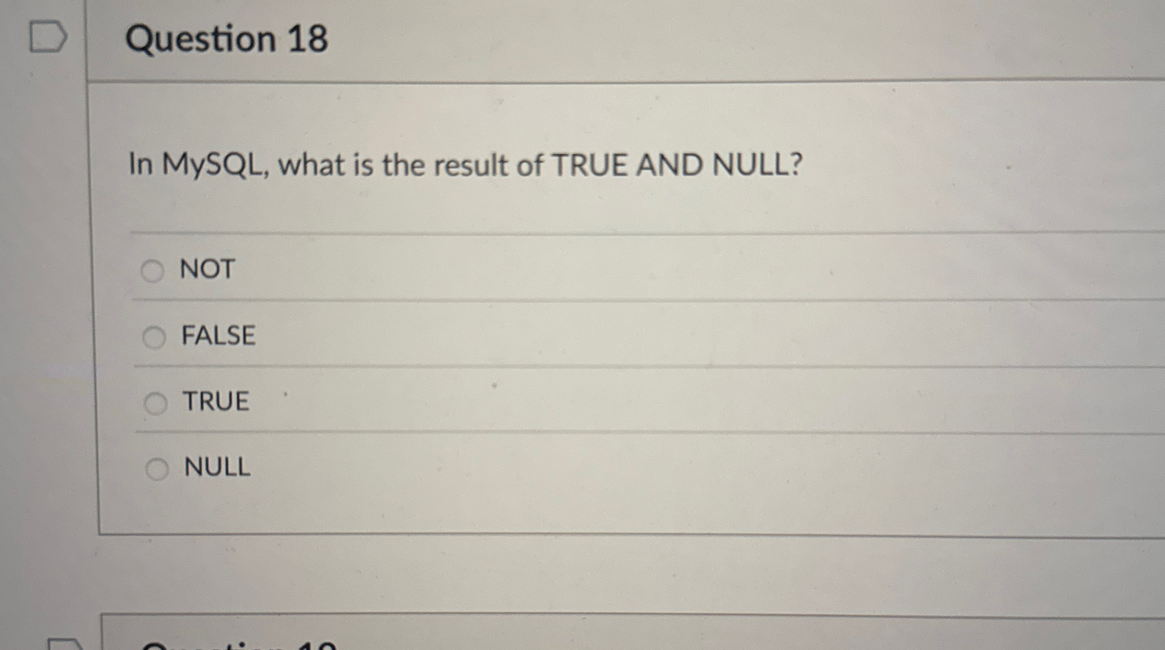 Question 1 8 In MySQL , what is the result of