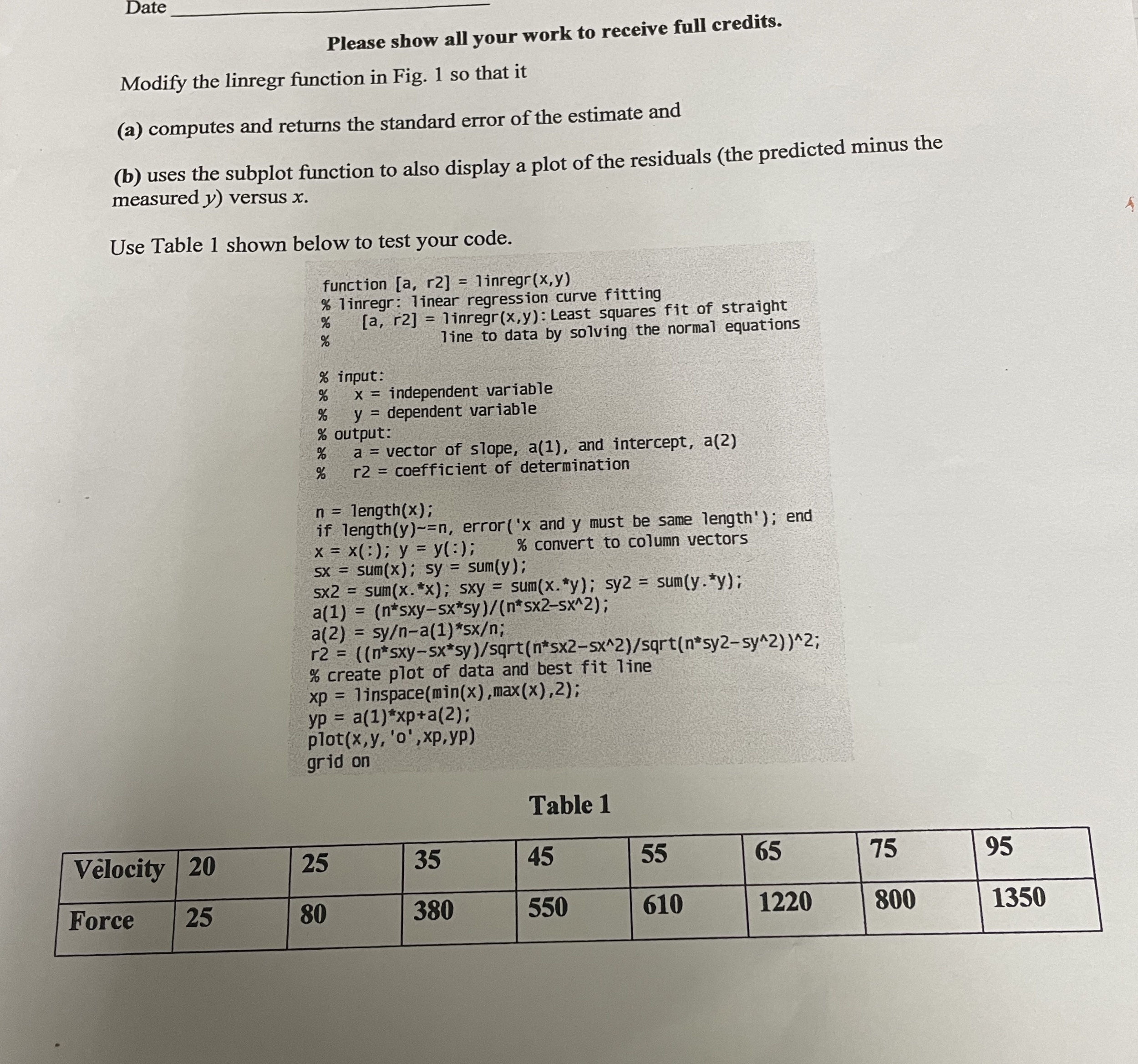 Date Please show all your work to receive full