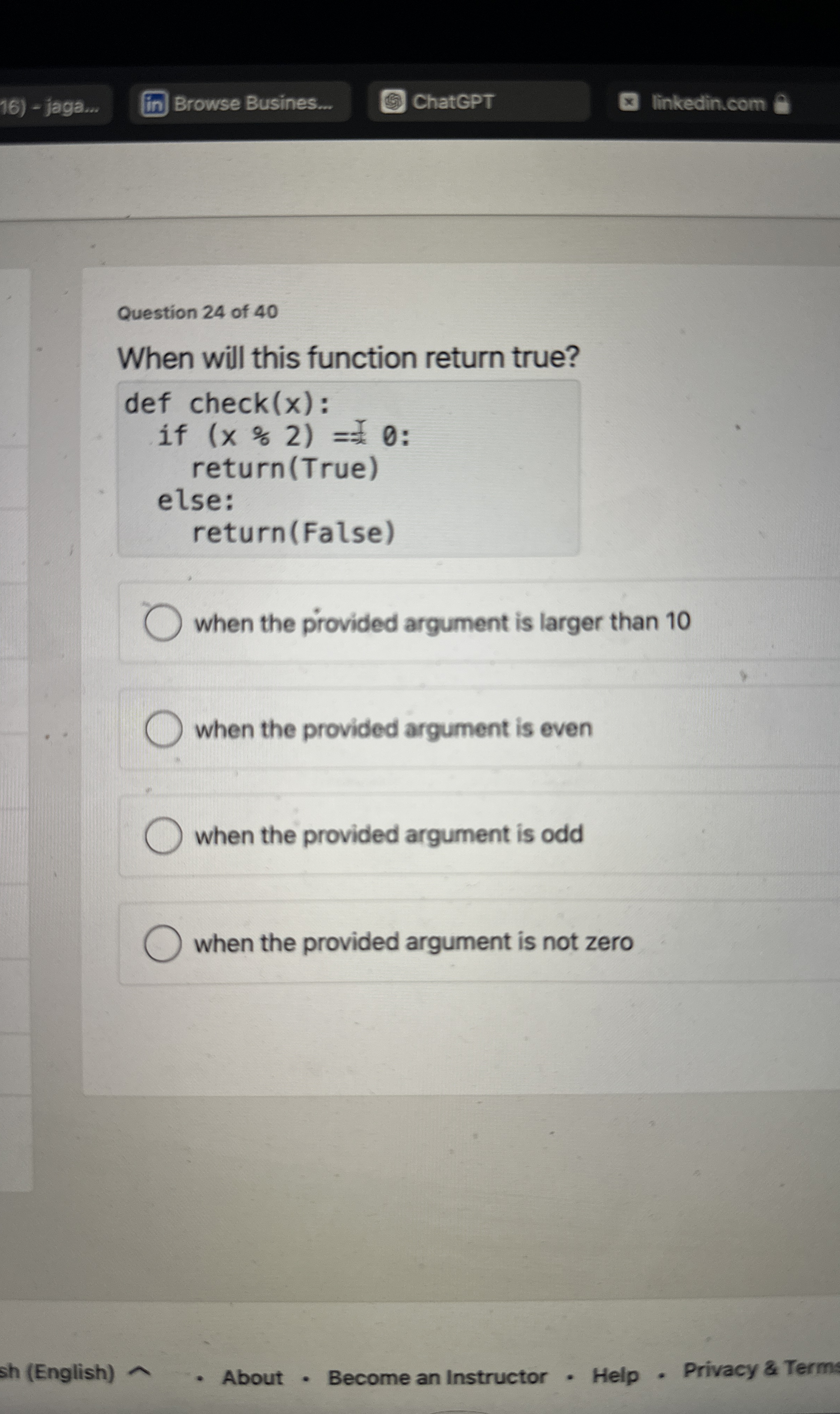 Question 2 4 of 4 0 When will this function