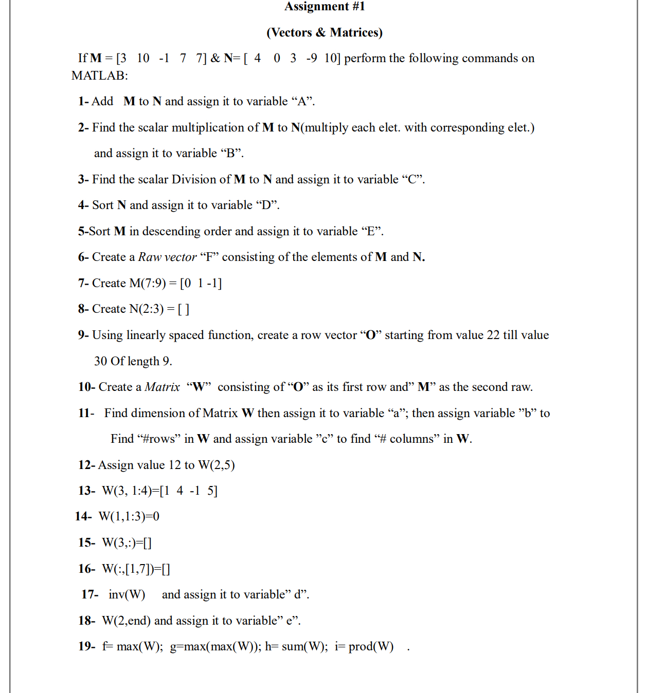 Assignment # 1 ( Vectors & Matrices ) If M = [ 3