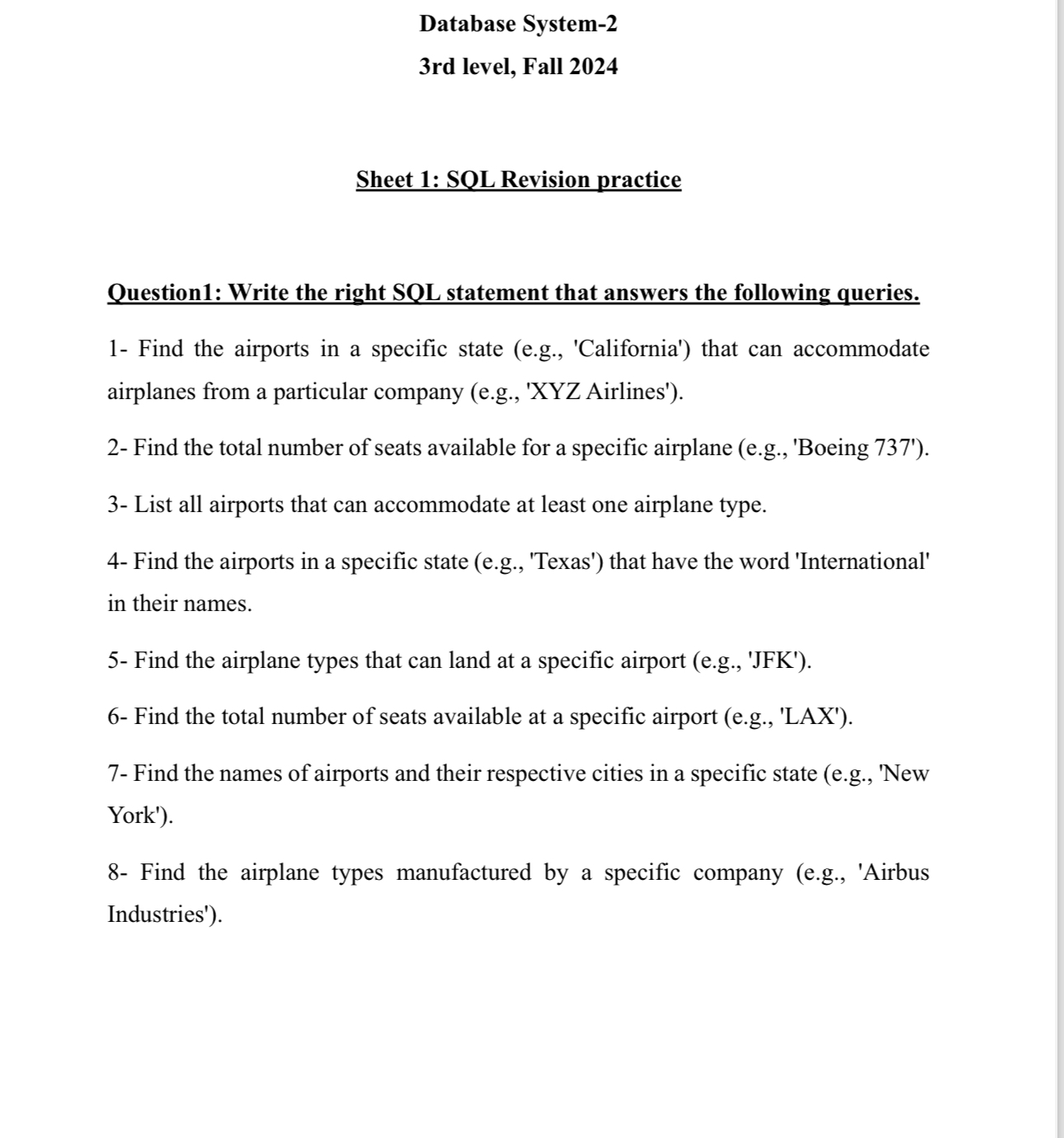 3 rd level, Fall 2 0 2 4 Sheet 1 : SQL Revision