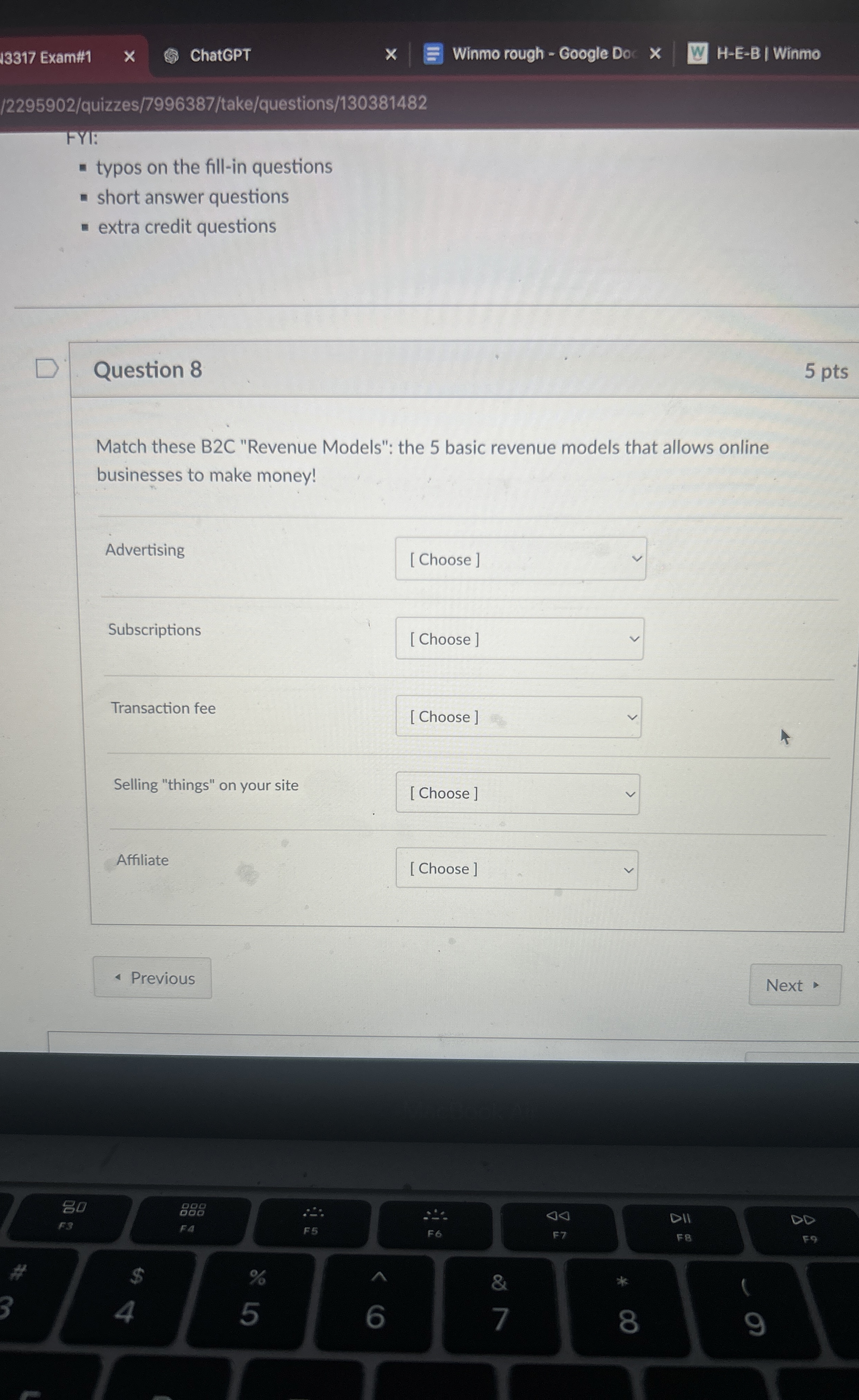 Question 8 Match these B 2 C "Revenue Models":