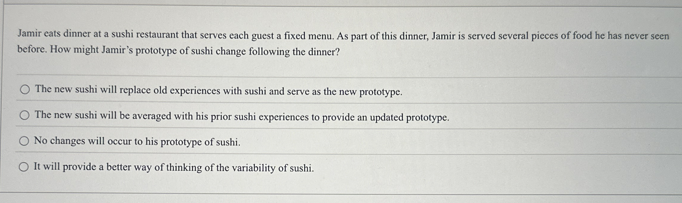 Jamir eats dinner at a sushi restaurant that