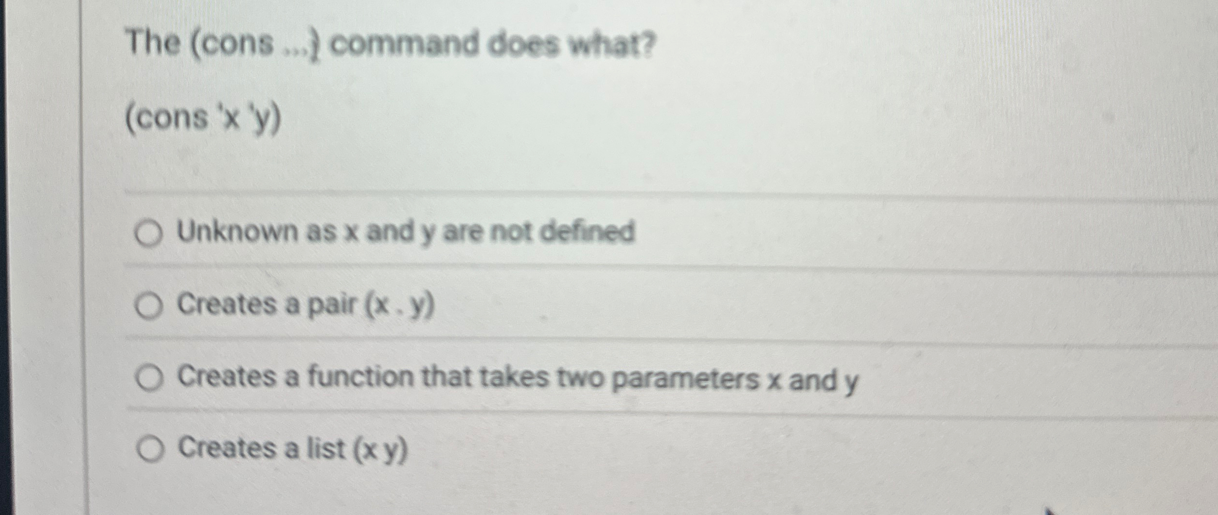 The ( cons . . . ) command does what? ( cons ' x