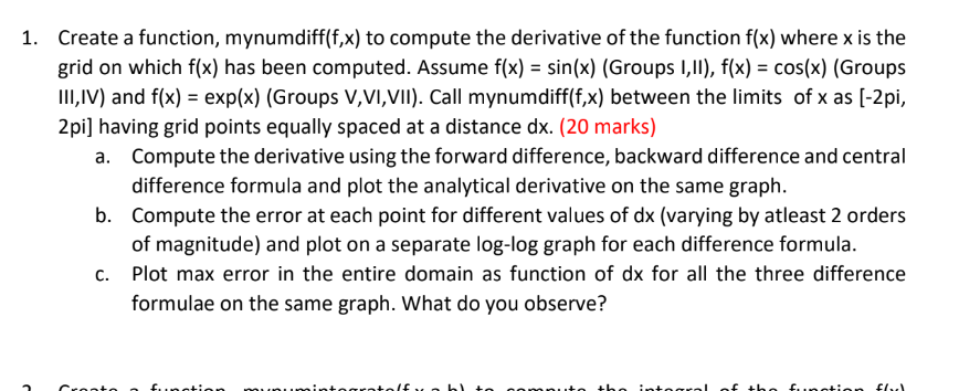 Create a function, mynumdiff ( f , x ) to compute