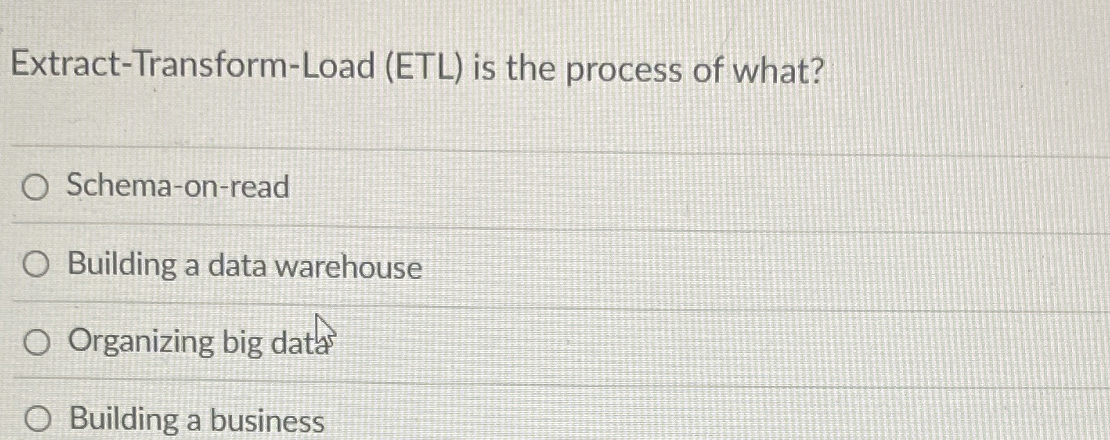 Extract - Transform - Load ( ETL ) is the process