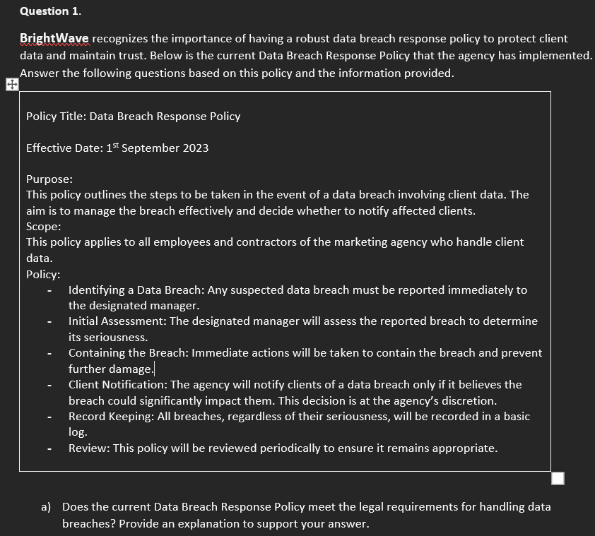 Question 1 . BrightWave recognizes the importance