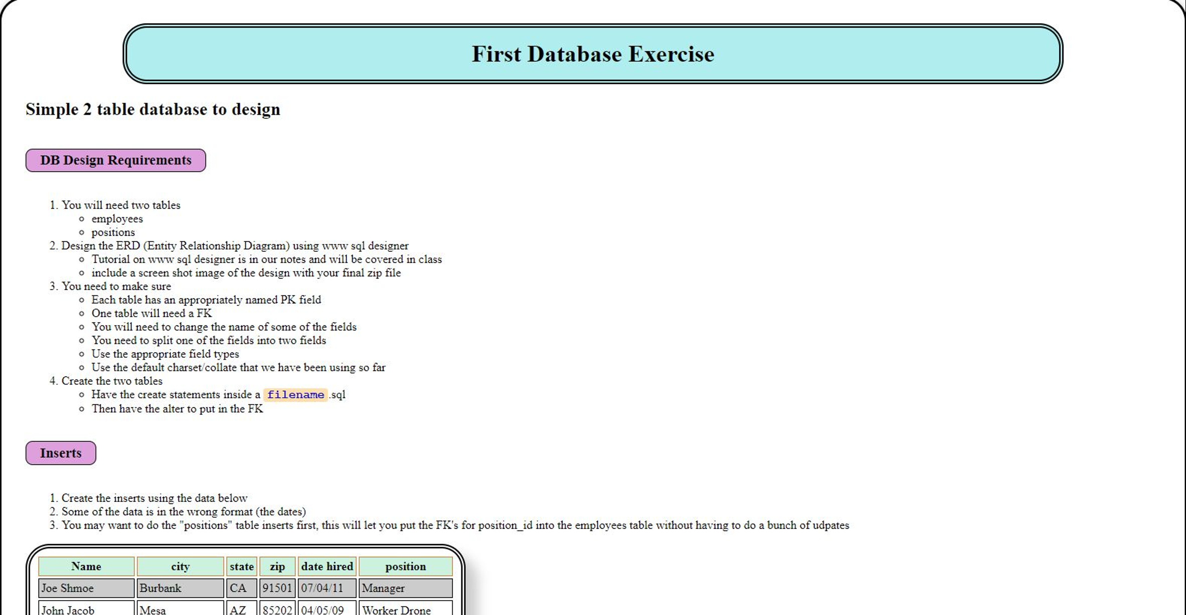 You will need two tables @ employees @ positions