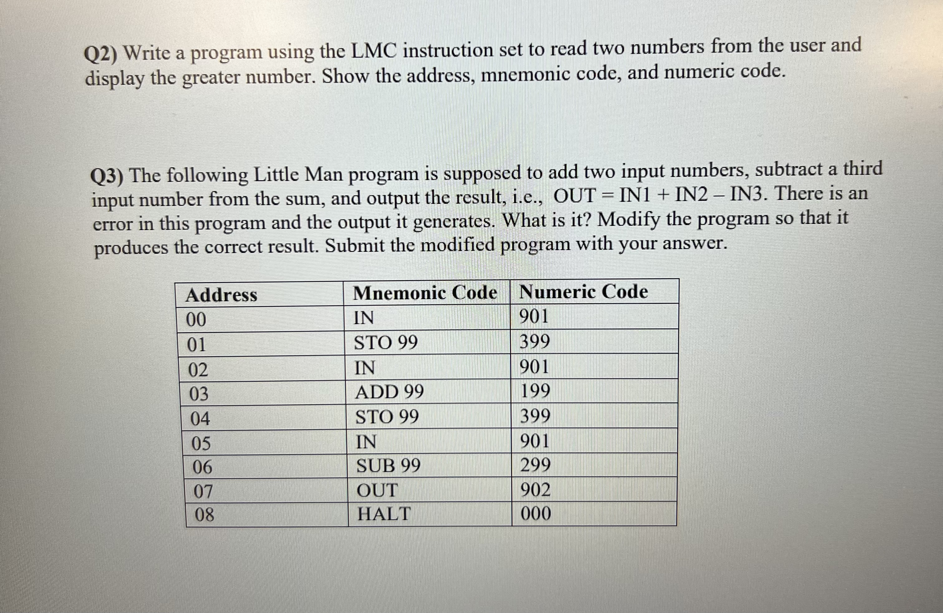 Q 2 ) Write a program using the LMC instruction