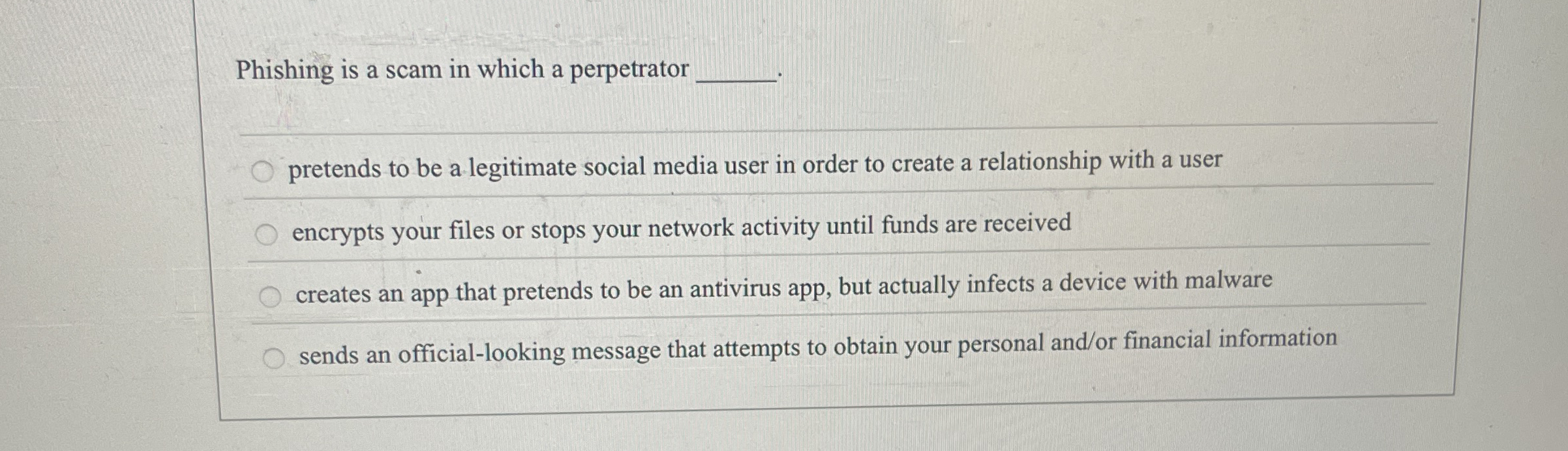 Phishing is a scam in which a perpetrator