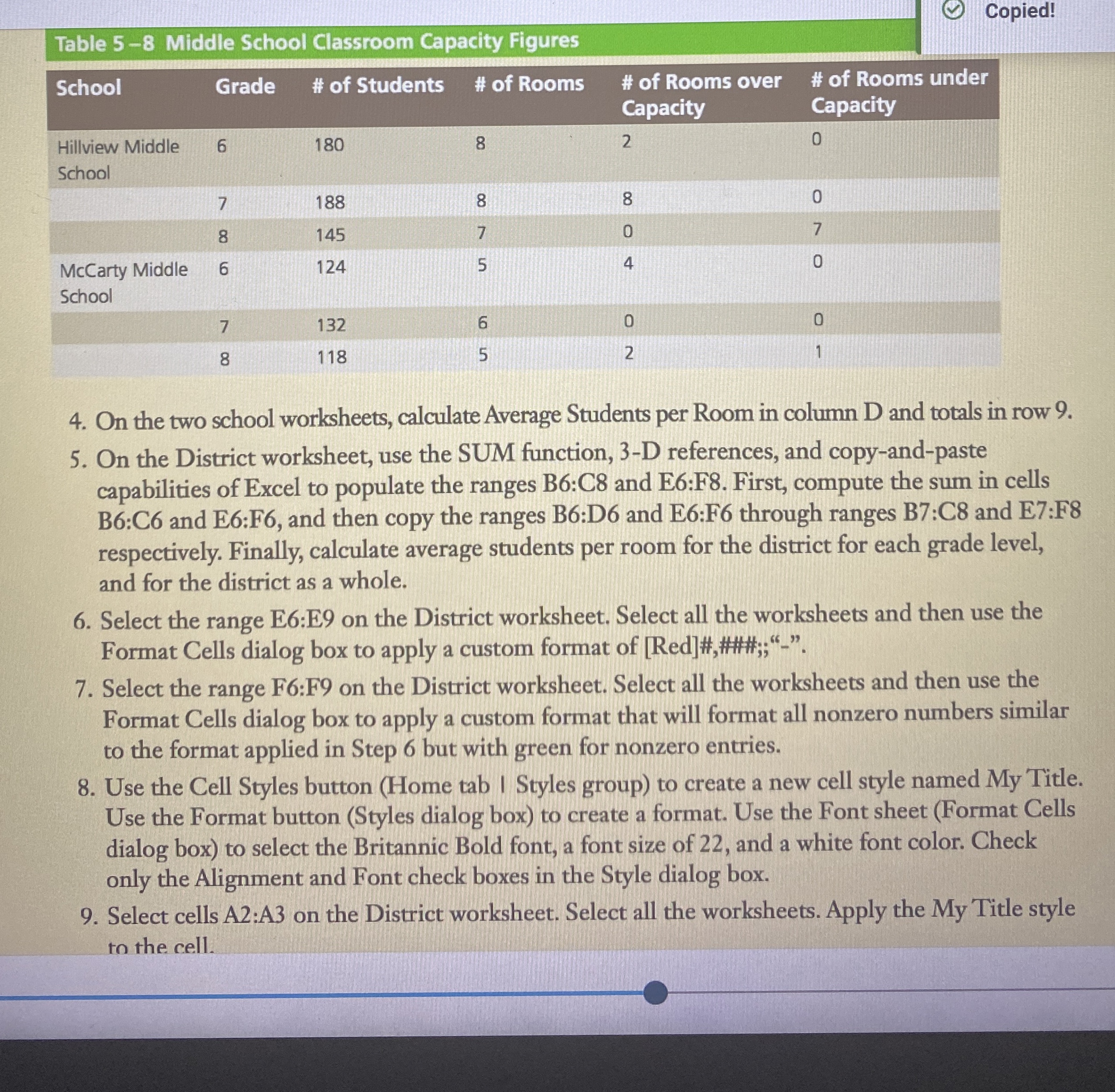 Table 5 - 8 Middle School Classroom Capacity