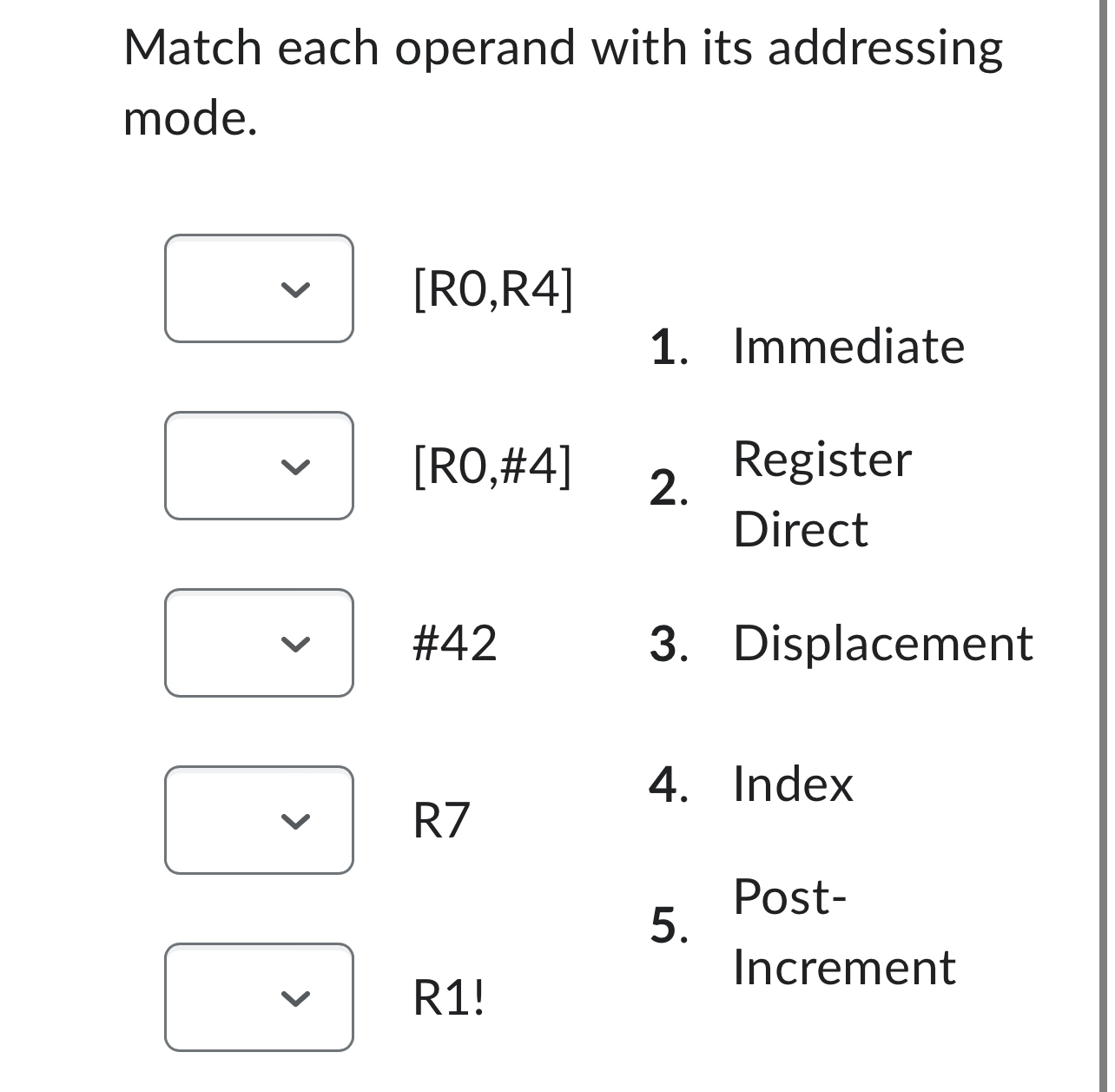 Match each operand with its addressing mode. R 0
