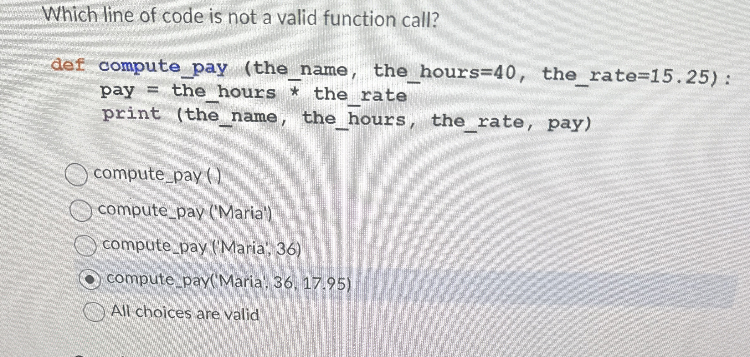 Which line of code is not a valid function call?