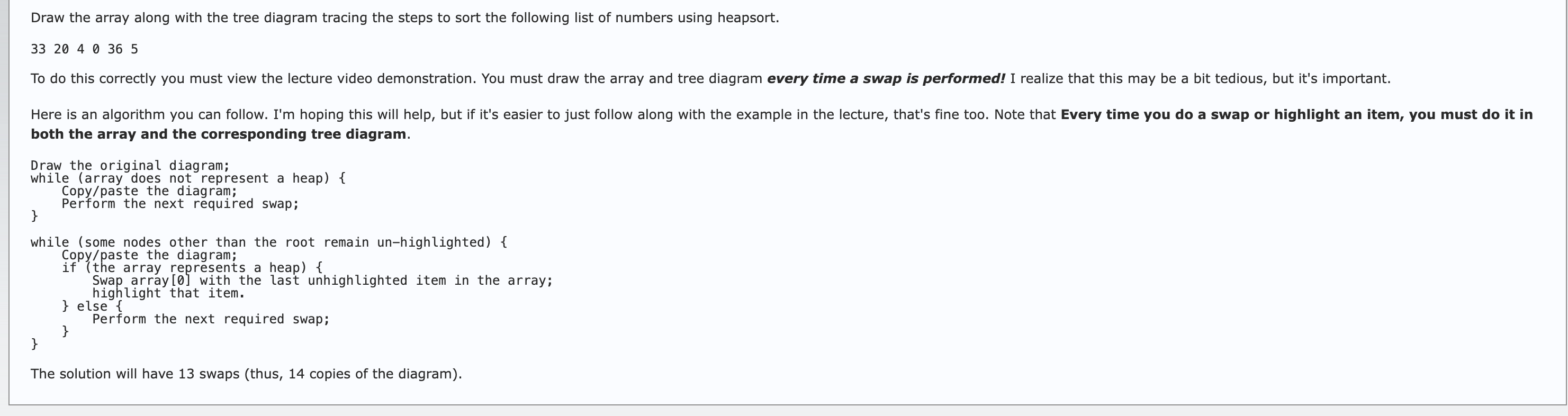 Draw the array along with the tree diagram