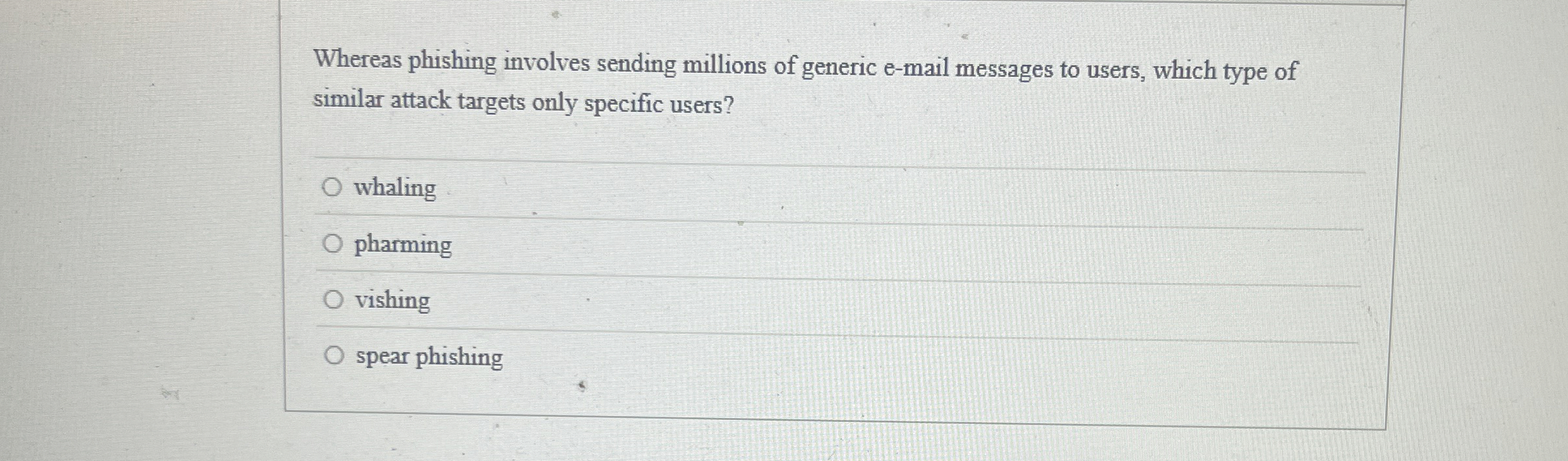 Whereas phishing involves sending millions of