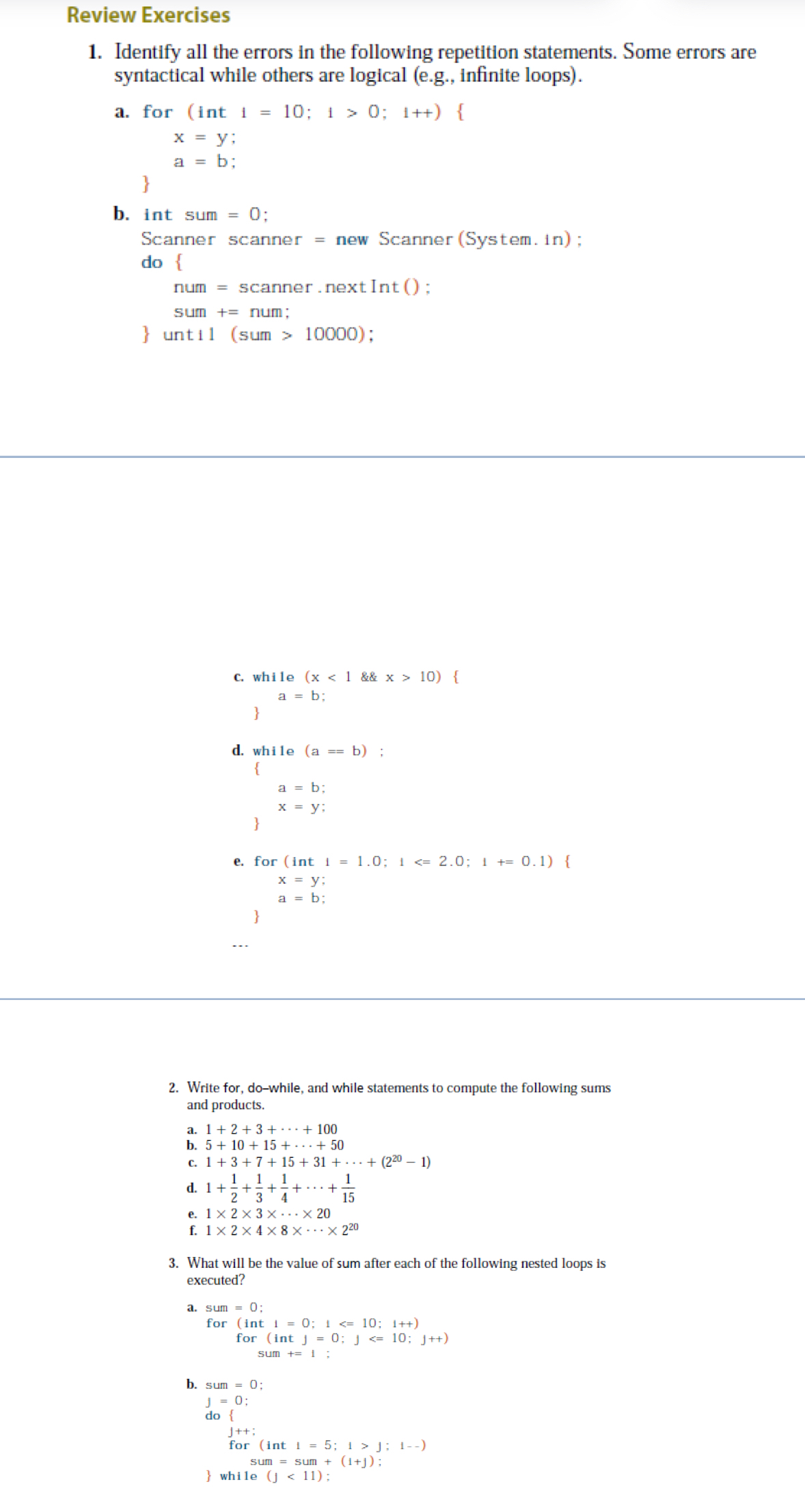 Review Exercises in java Identify all the errors