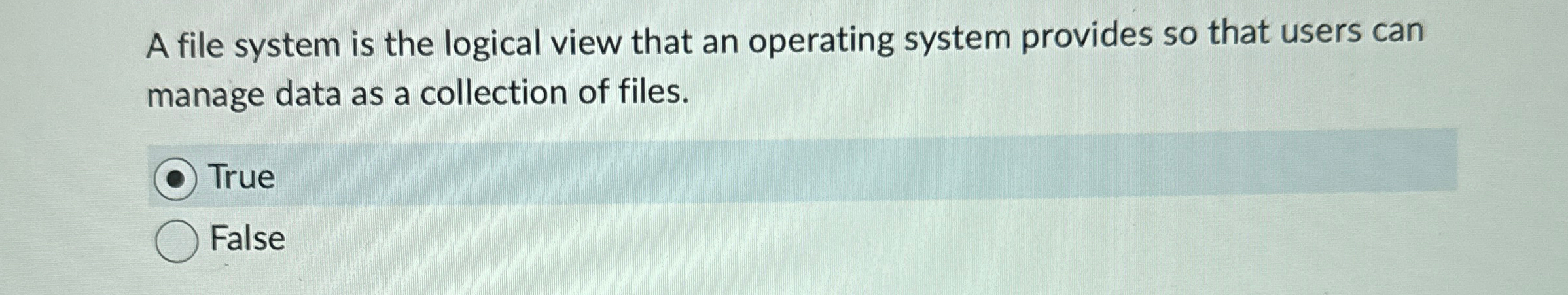 A file system is the logical view that an