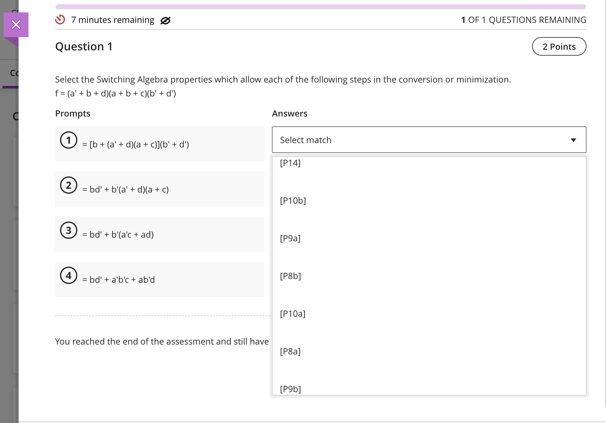 Question 1 Select the Switching Algebra