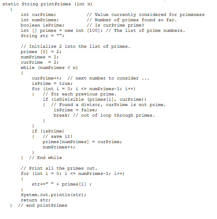 Draw the control flow graph for the printPrimes (