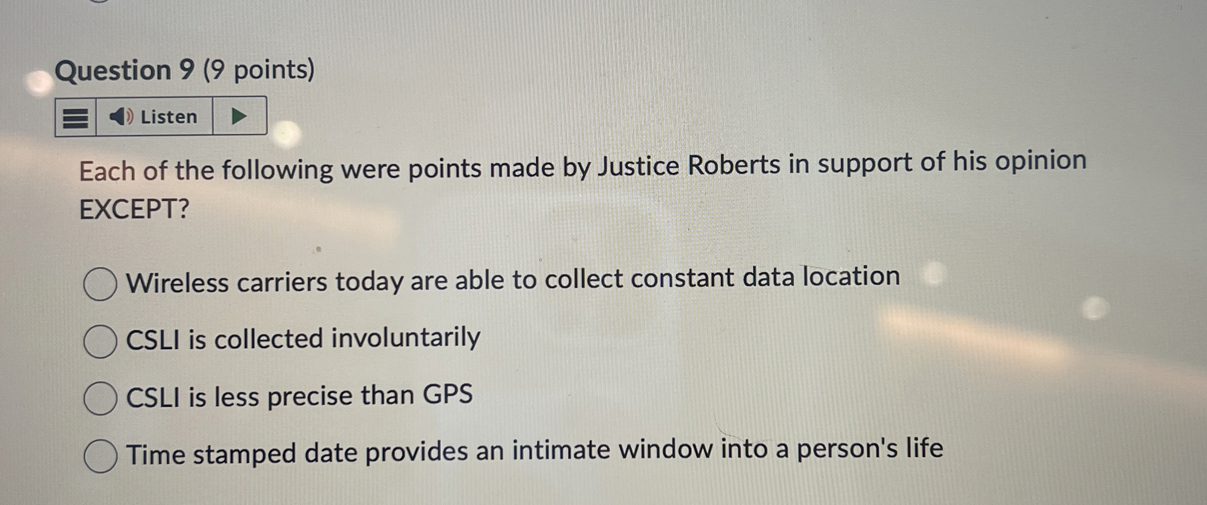 Question 9 ( 9 points ) Each of the following