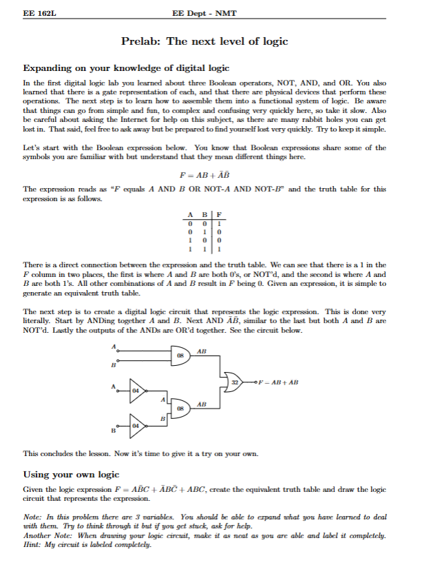 Prelab: The next level of logic Expanding on your