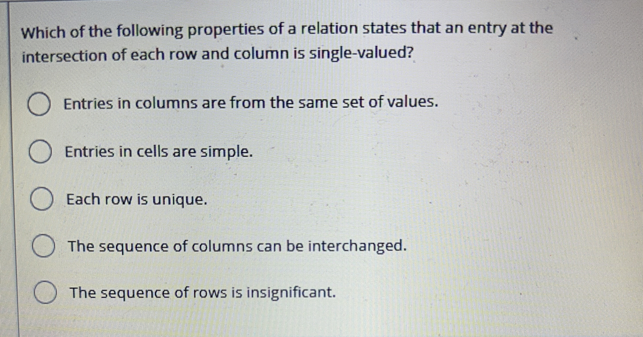 Which of the following properties of a relation