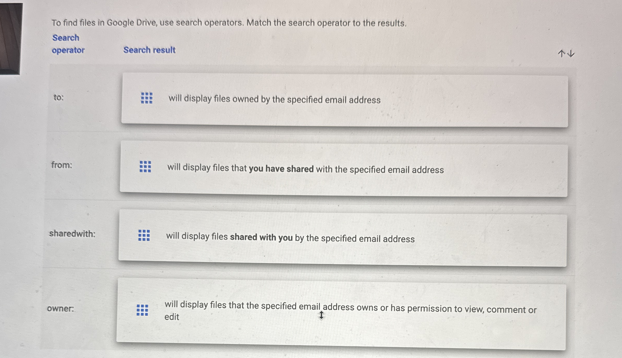 To find files in Google Drive, use search