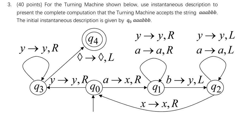 3 . ( 4 0 points ) For the Turning Machine shown
