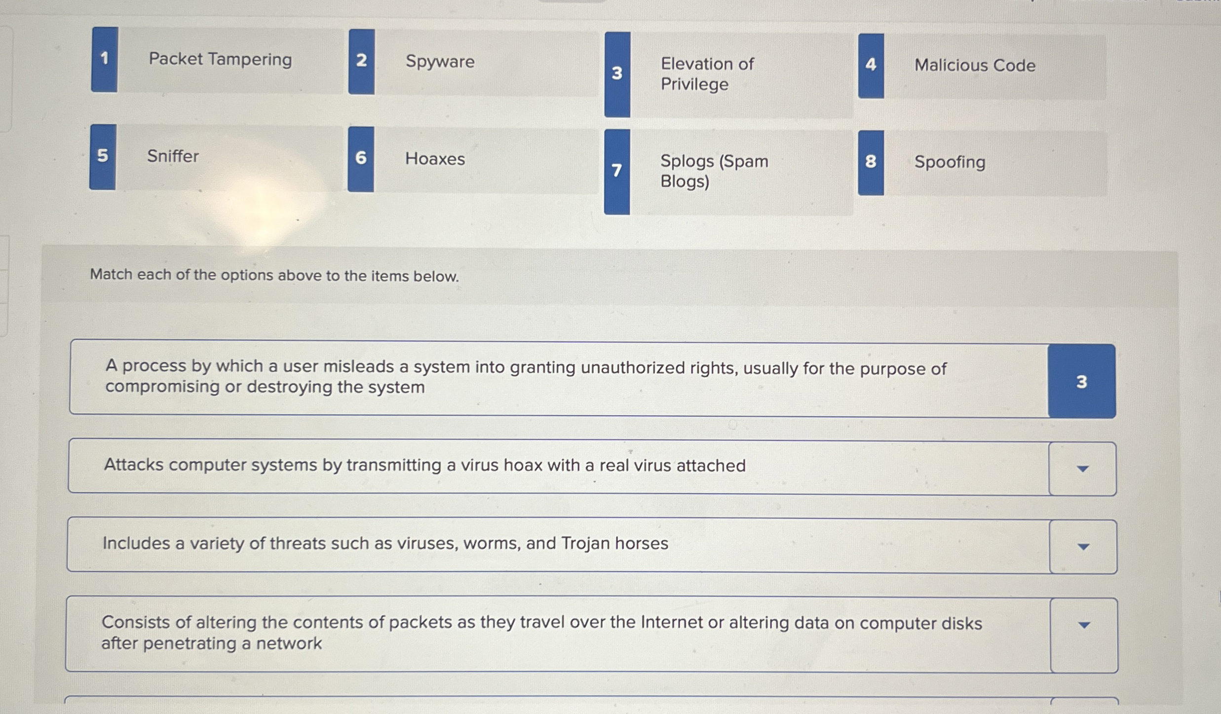 1 Packet Tampering 2 Spyware 3 Elevation of 4