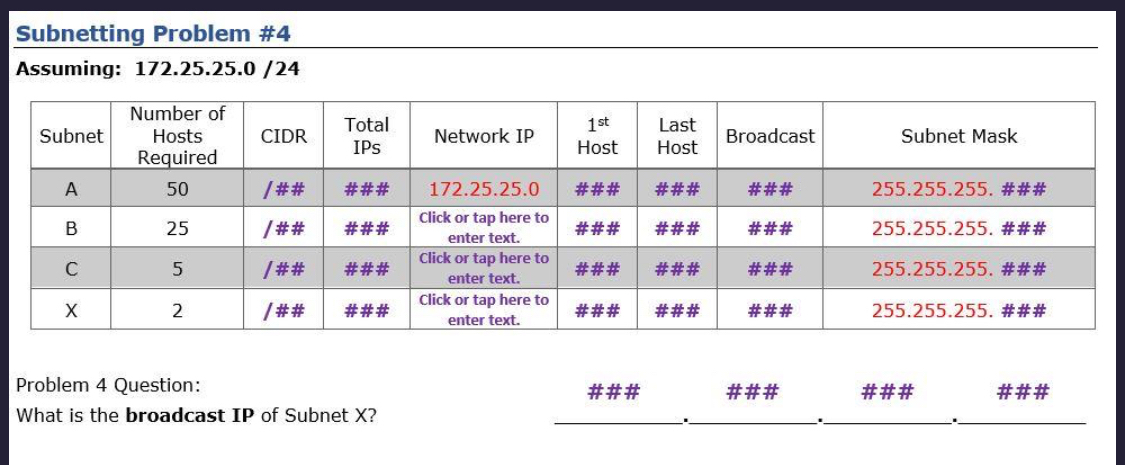 Subnetting Problem # 4 Assuming: 1 7 2 . 2 5 . 2