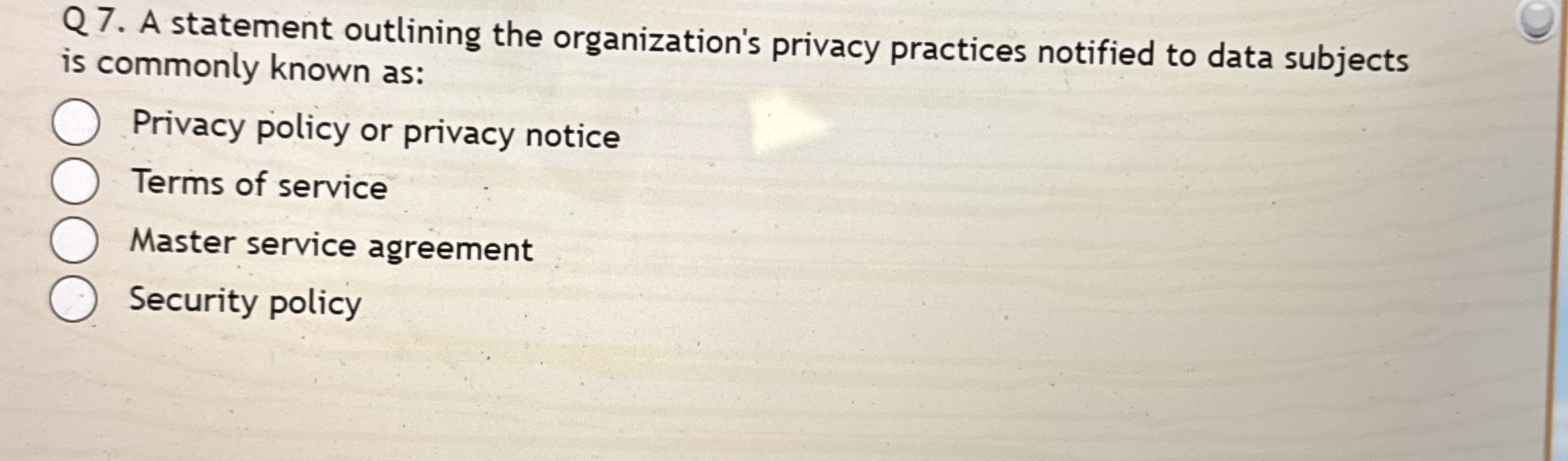 Q 7 . A statement outlining the organization's