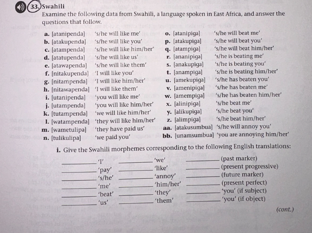 Swahili Examine the following data from Swahili,