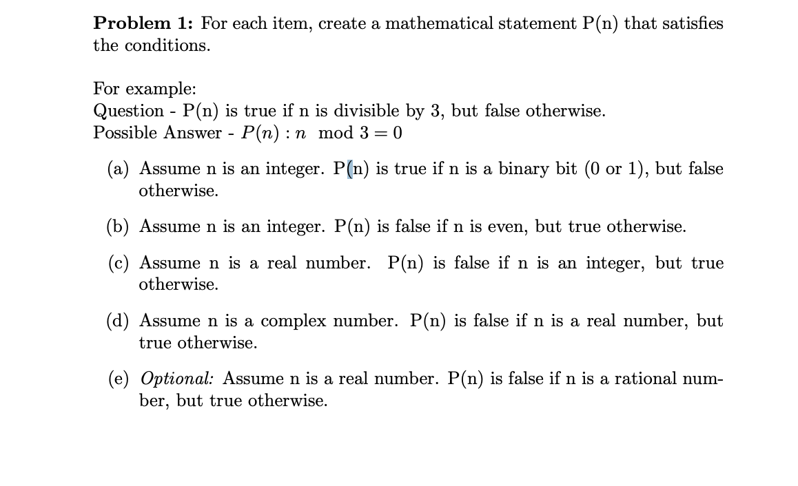 Problem 1 : For each item, create a mathematical