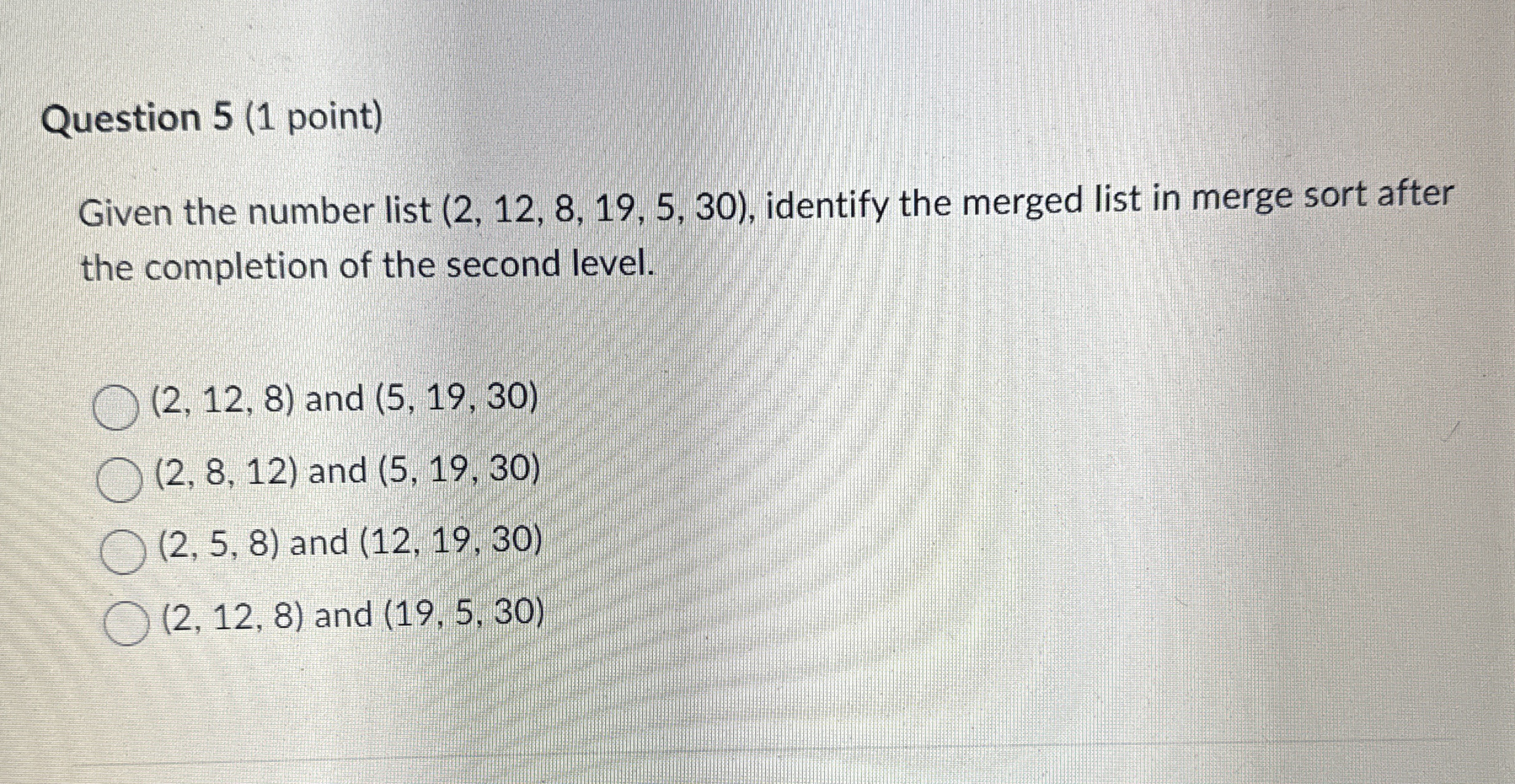 Question 5 ( 1 point ) Given the number list ( 2