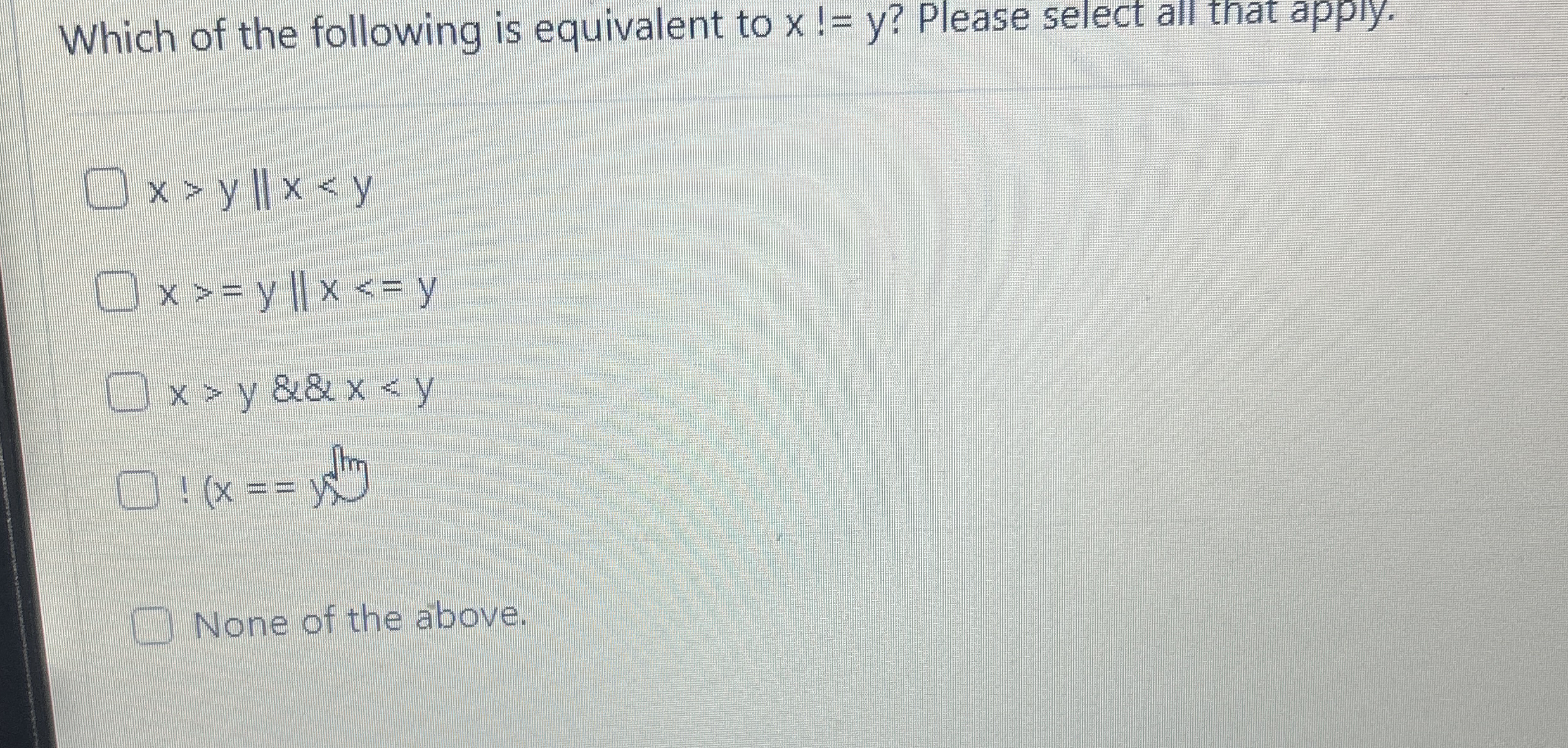 Which of the following is equivalent to x y ?