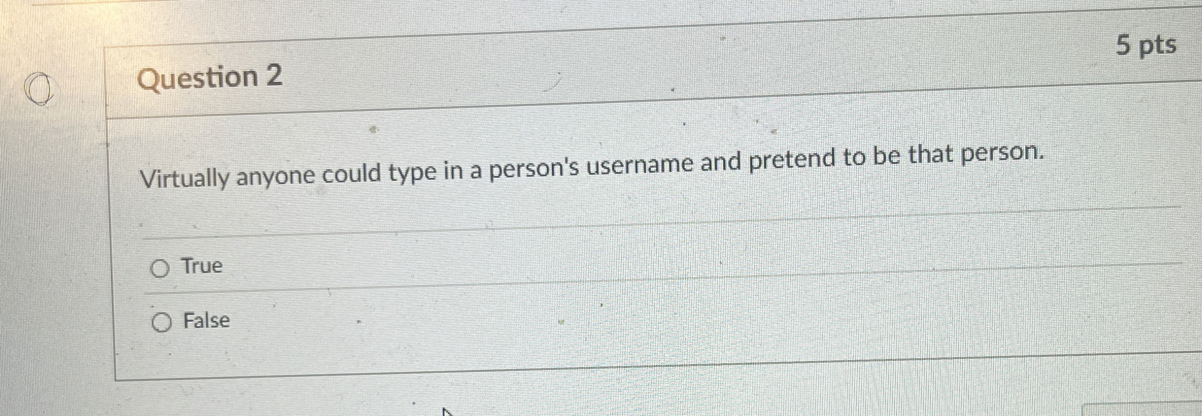 Question 2 5 pts Virtually anyone could type in a