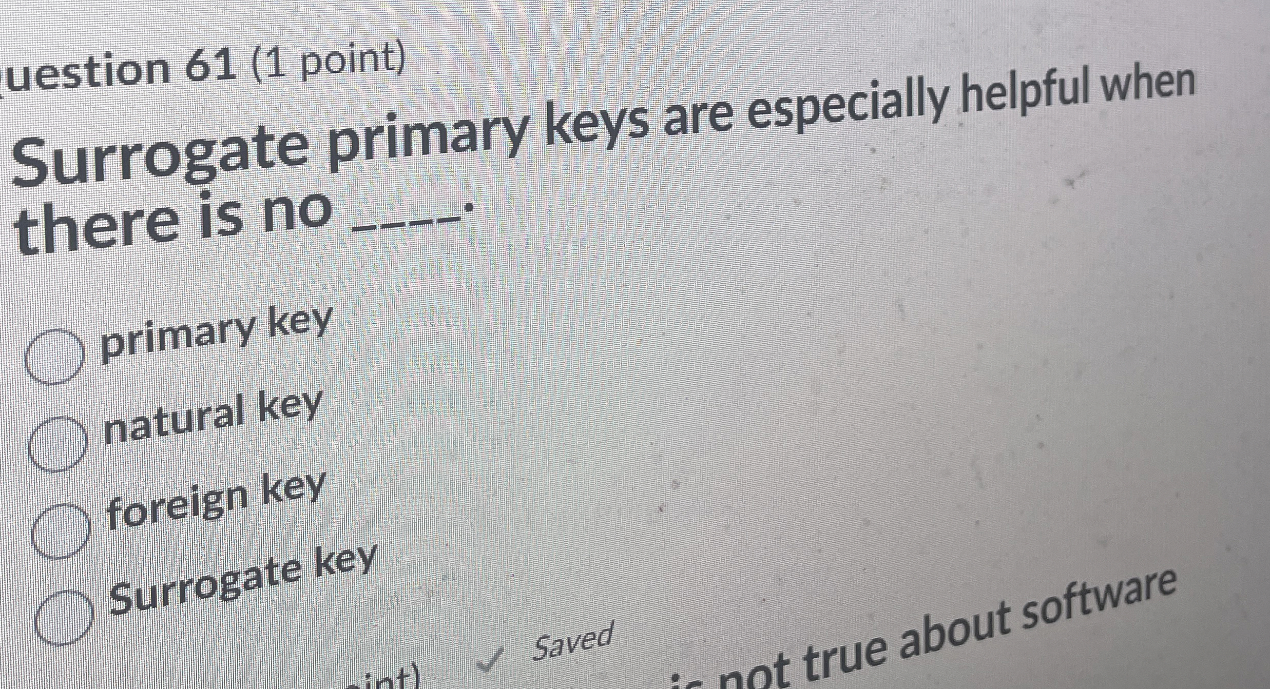 uestion 6 1 ( 1 point ) Surrogate primary keys