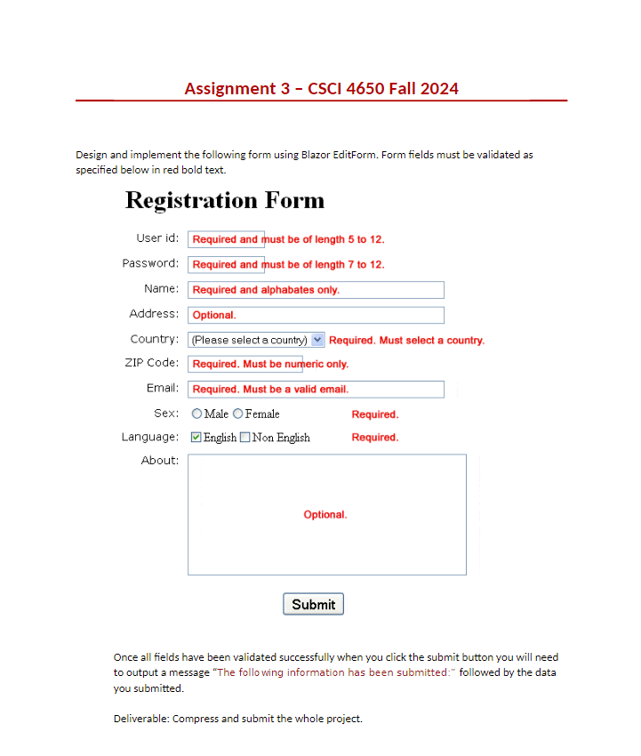 Design and implement the following form using