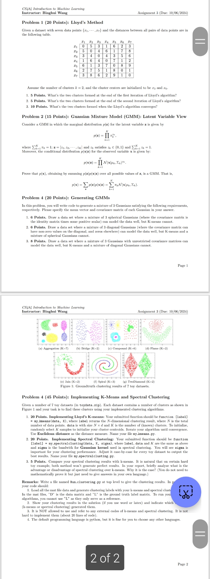Problem 1 ( 2 0 Points ) : Lloyd's Method Given a