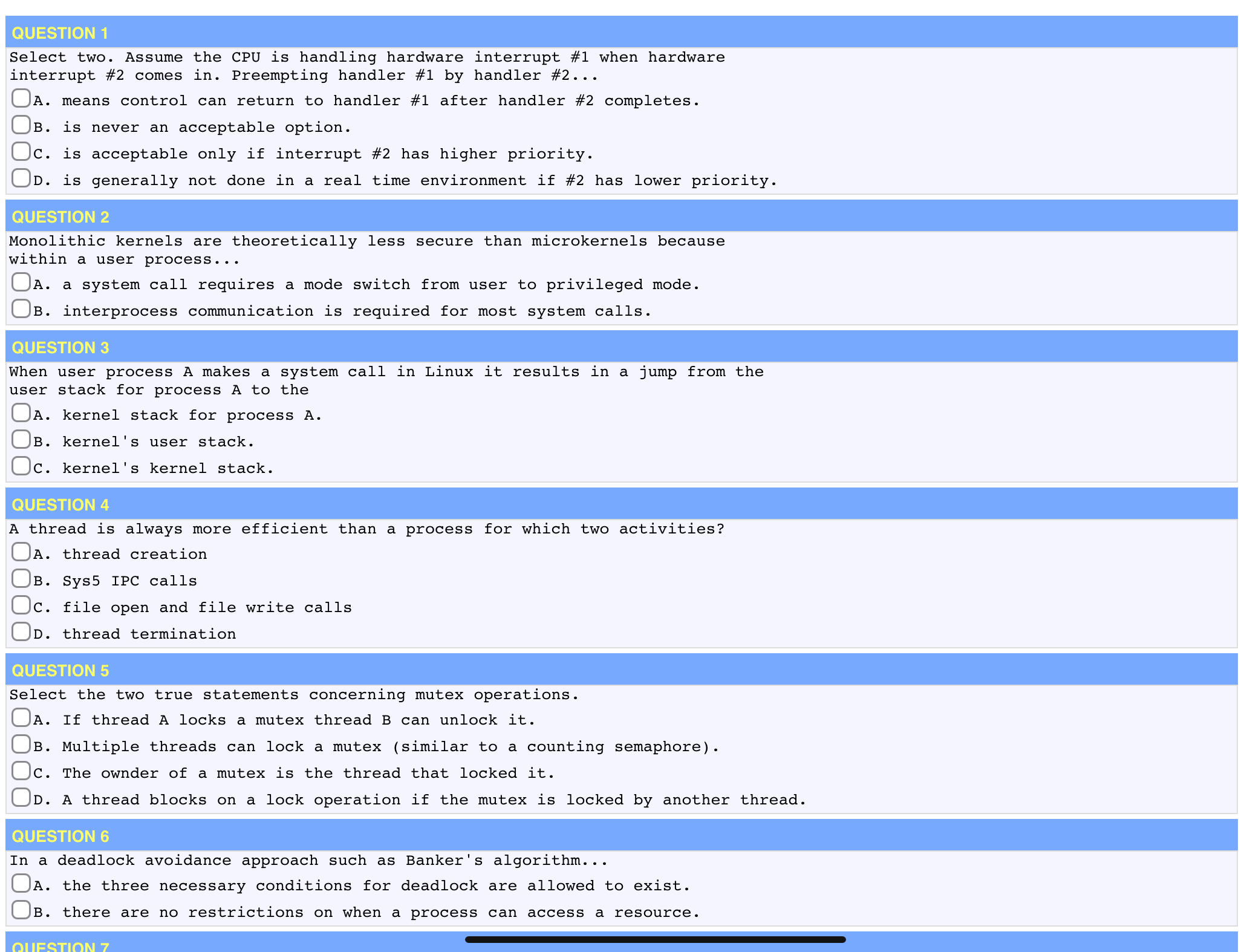 QUESTION 1 Select two. Assume the CPU is handling