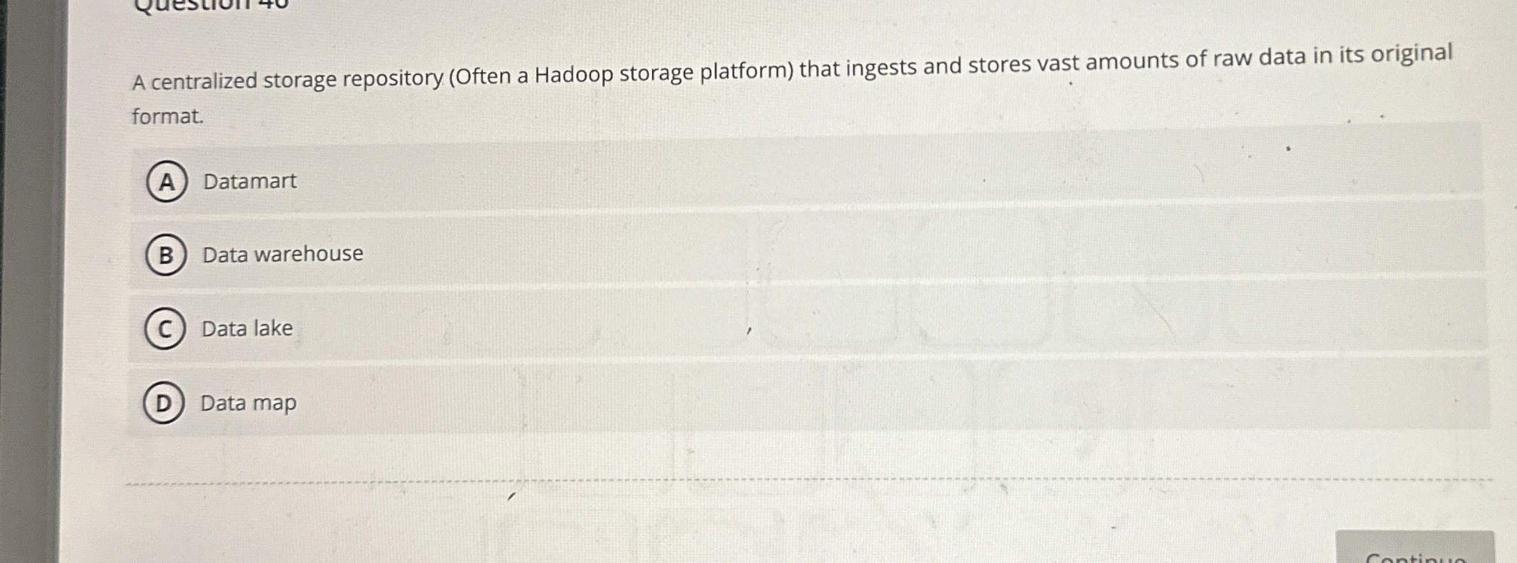 A centralized storage repository ( Often a Hadoop