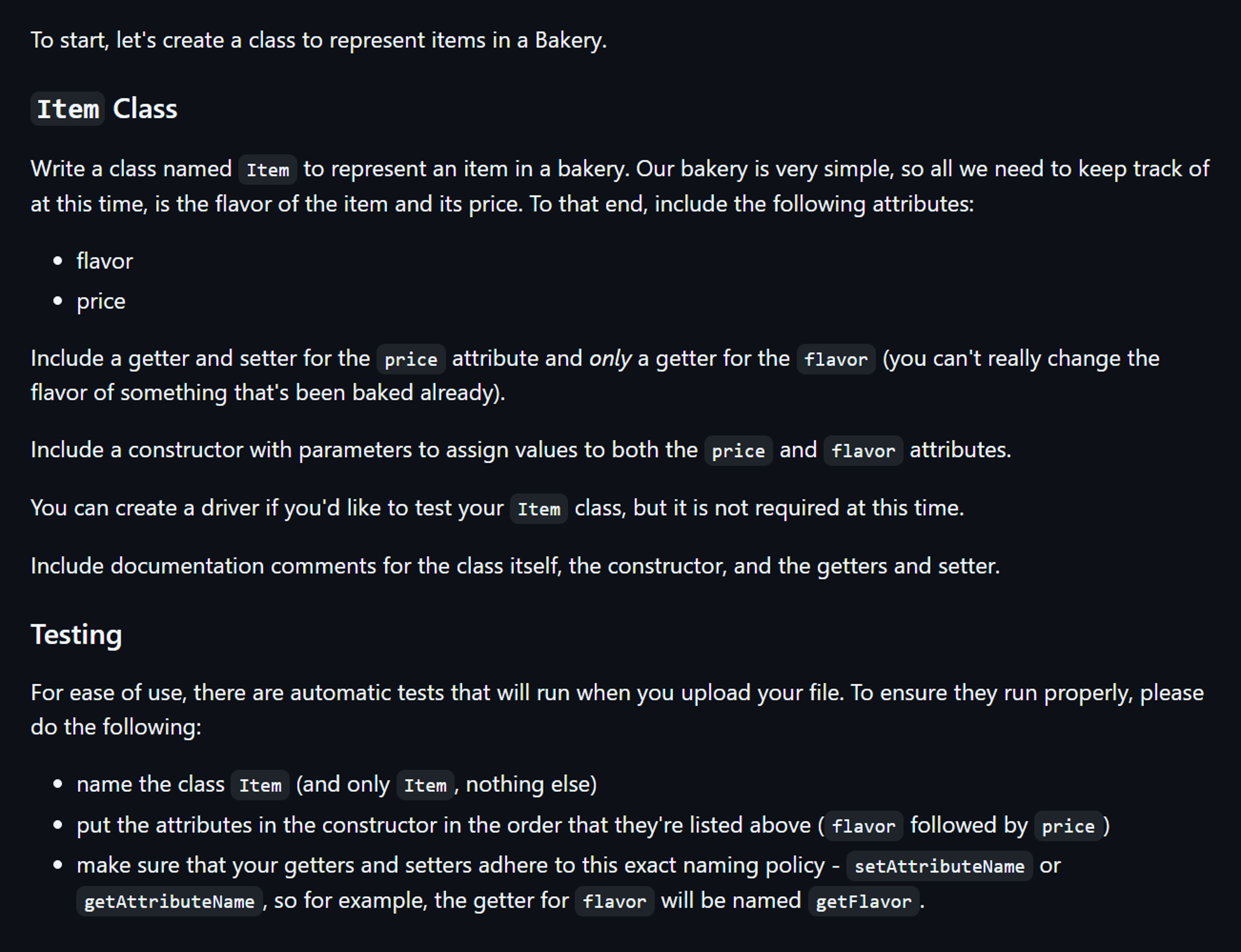 To start, let's create a class to represent items