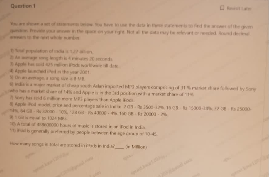 Question 1 Yus are showen a set of statements